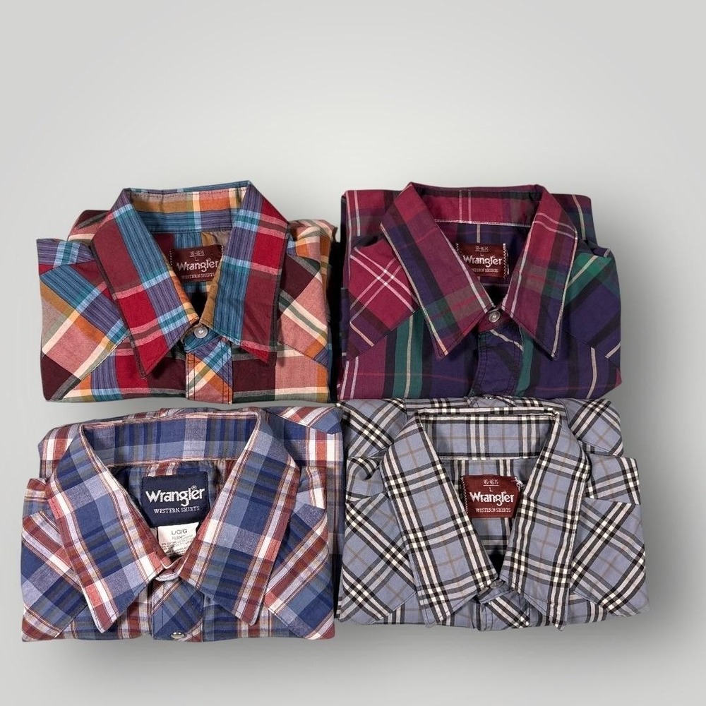 Wrangler Western Shirt Mens Large Multicolor Plaid Pearl Snap Short Sleeve Lot 4